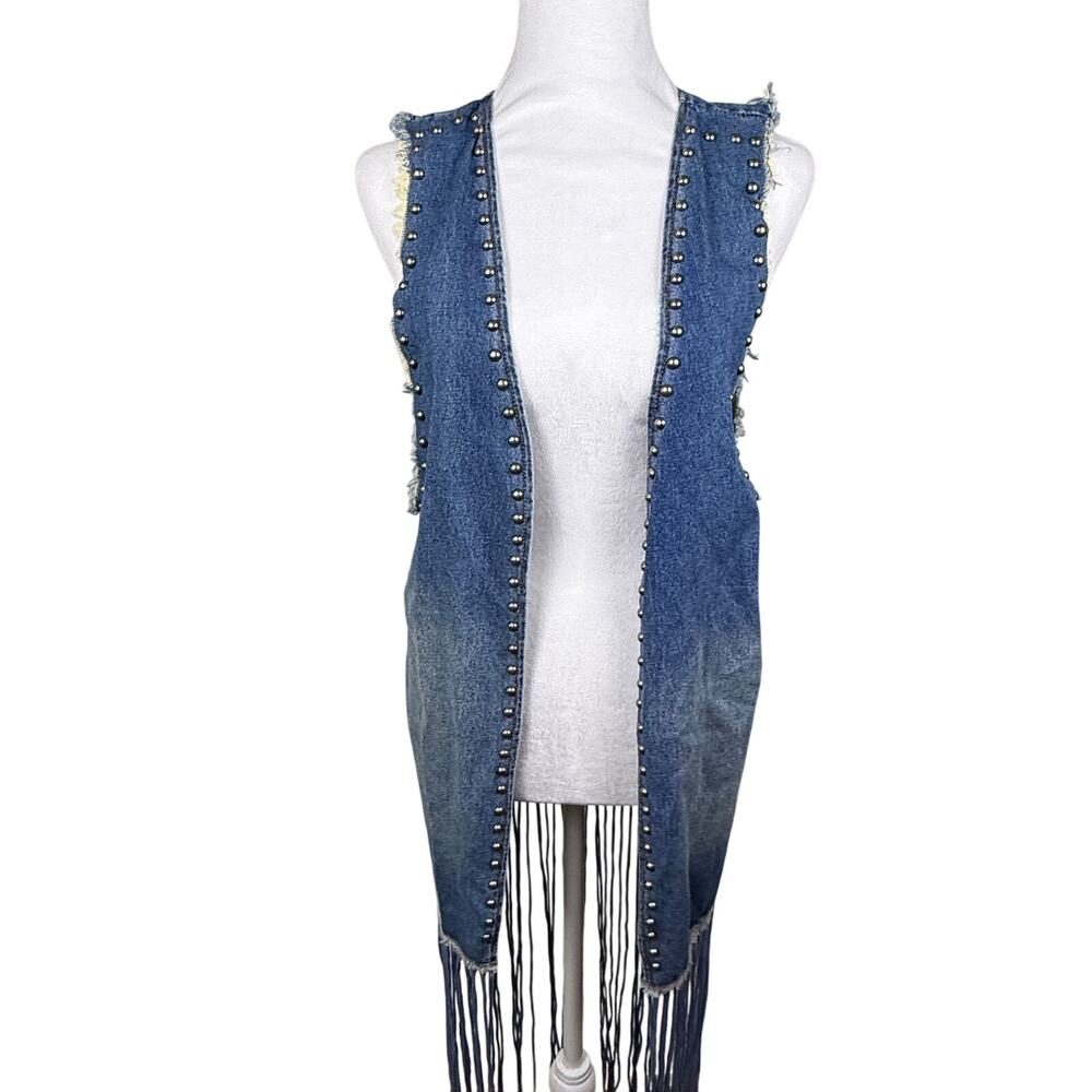 Crazy Train Denim Studded Fringe Vest Western Cowgirl Chic Rodeo Small - Picture 2 of 16